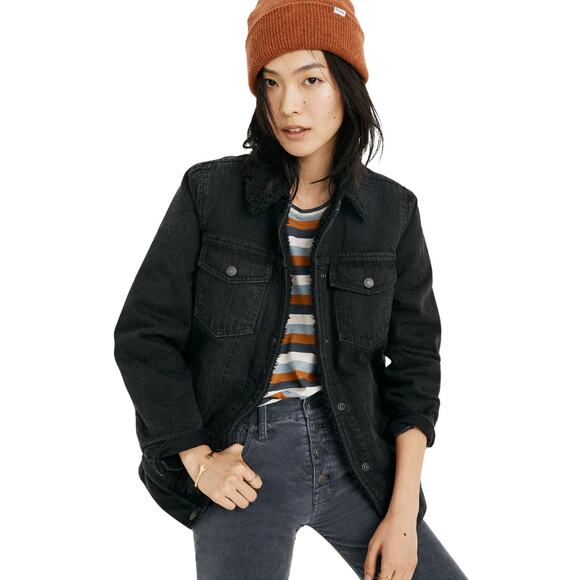 Madewell Jackets & Blazers - Madewell Jacket Womens XS Black Oversized Sherpa Lined Denim Cozy Outdoor Grunge